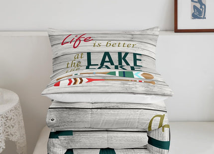 Castle Fairy Green Oar Comforter for Kids Boys Girls Lake Boating All Season Cozy Comforter Set Full Size Rustic Style Wooden Stripes Duvet Set Home Decor，2 Pillowcases