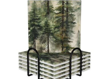 Misty Pine Tree Square Ceramic Coasters Set of 6 Pack, Mountain Green Forest Landscape Foggy Botany Stone Drink Coaster with Cup Holder Anti-Scratc Cork Backing Bar Kitchen Home Housewarming Gift