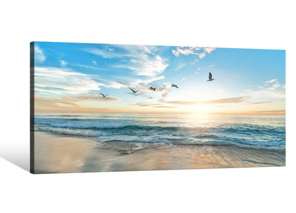 Goldfoilart Ocean Beach Sunset Canvas Wall Art for Bedroom Seagull Seascape Paintings Coastal Picture Framed Artwork for Bathroom Living Room Office Decor 20" x 40"