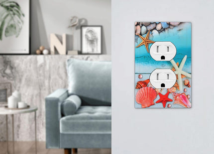 Beach Starfish Seashell 1 Gang Electrical Duplex Outlet Cover Nautical Beach Decorative Wall Plate Board Receptacle Wallplate Switch Plate for Home Decor