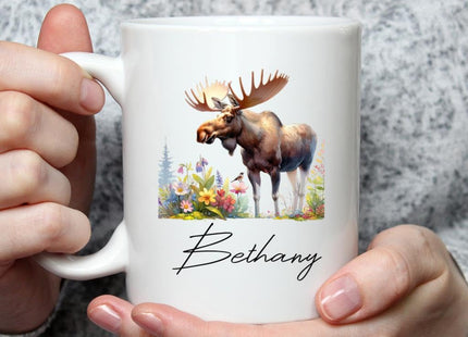 WANDORIA Majestic Moose Coffee Mug, Personalized Forest Animal Cup with Name, Moose Aficionado Gift, Wilderness Ceramic Mug, 11oz/15oz, Woodland Creature Art Drinkware, Alpine Flora Design