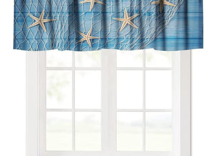 JanJCurt Starfish Seashells Window Valance, Ocean Nautical Rustic Retro Blue Wooden Board Starfish Fishing Net Blackout Valance Curtain for Living Room Kitchen Cafe, 54x18in