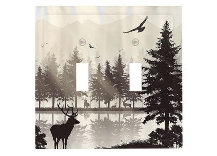 Misty Forest Deer Mountain Tree Black Woodland Lake Nature 2 Gang Light Switch Cover Double Toggle Wall Plate Decorative Switchplate Electrical Faceplate for Bathroom Kitchen Bedroom Decor