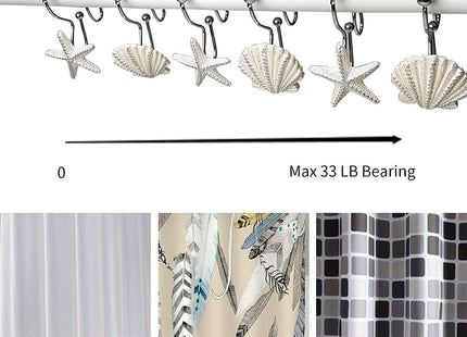 Starfish & Seashell Stainless Steel Rust Resistant Double Hooks Glide Shower Curtain Ring Hangs Holder for Bathroom Home Decor