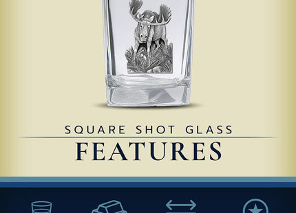 Heritage Pewter Moose Square Shot Glass | Hand-Sculpted 1.5 Ounce Shot Glass | Intricately Crafted Metal Pewter Inlay