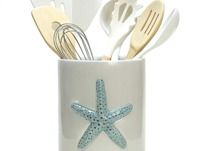 Bicuzat Ceramic Starfish Embossed Utensil Holder, Large Cooking Utensil Crocks for Countertop, Ocean Style Utensil Organizer for Spatula