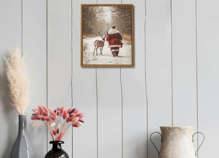Vintage Christmas Santa Deer Framed Wall Art Snowy Forest Canvas Art