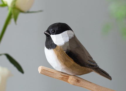 INF-STAR Handmade Black-Capped Chickadee Bird Figurine, Wooden Black-Capped Chickadee Carving, Unique Small Bird Statue for Home Décor or Collectible Gift