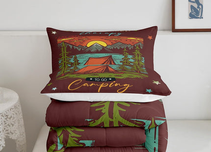 Erosebridal Rustic Camper Comforter Set Twin for Kids Adults,Camping Tent Bedding Set Retro Adventure Room Decor,Mountain River Pine Tree Comforter Set Nature Scene Quilt Bed Set with 1 Pillow Case