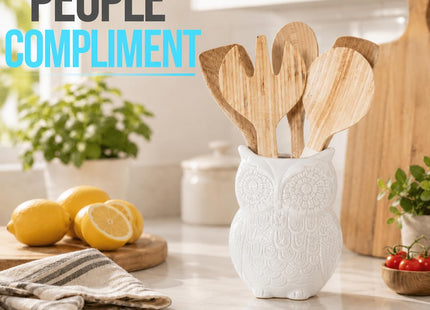 Comfify White Owl Utensil Holder – Decorative Ceramic Kitchen Crock