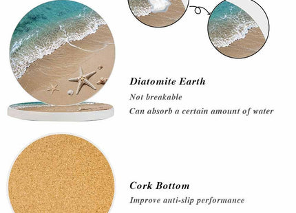 oFloral Summer Beach Coasters for Drinks Sea Wave Starfish on Sand Cups Place Mats for Home Decor Set of 2, 4 Inch