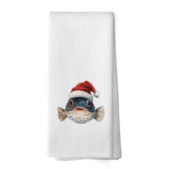 Mcehtle Coastal Christmas Pufferfish Kitchen Towels, Coastal Beach Christmas Decor Hand Towel for Bathroom Kitchen Decor, Xmas Ocean Marine Life Fish Decorative Tea Towels Dish Towel 16x24 Inch