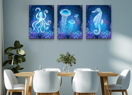 blue Ocean Life Theme Canvas Prints Wall Art Paintings for Living Room Wall Artworks Sea Animal sea horse Octopus jellyfish Pictures Bedroom Decorations 3 Panels Home bathroom Wall decor posters
