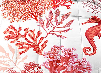 Ocean Coral Red Hippocampus Twin Comforter Set, Soft 2 Pillowcases
