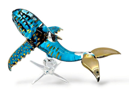 WitnyStore 5¼" Blue Gold Dotted Whale On Stand Artistic Blown Glass Figurine Premium Hand-Blown Statue Tabletop Decoration Unique Collectible for Adult Collectors Handcrafted Elegant Home Room Decor