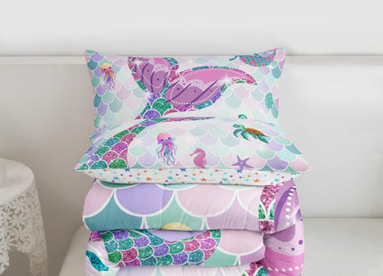 Erosebridal Mermaid Tail Bedding Set,Nautical Sea Animal Kawaii Down Comforter Queen Size,Fish Scale Sparkle Sequins Comforter Set Sea Turtle Octopus Duvet Filler Jellyfish Seahorse Bedroom Decor
