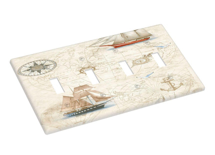 Nautical Map Sailing Sailboats Quad Toggle Light Switch Cover Decorative 4 Gang Wall Plate Electrical Faceplate For Kitchen Bathroom Bedroom Decor