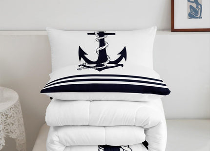 Castle Fairy Nautical Anchor Comforter Set King Size,Ocean Themed Anchor Print Bedding Set All Season Quilt Set,Stripes Geometric Navy White Microfiber Polyester Down Comforter