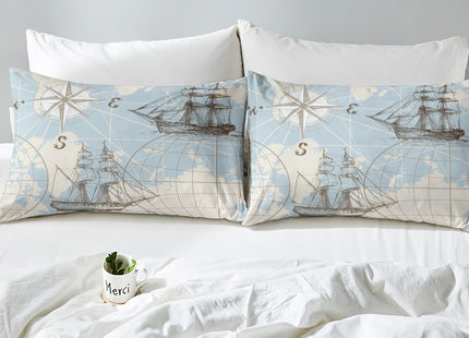Erosebridal Nautical Fitted Sheet, World Map Bottom Sheet for Kids Boys Girls Teens, Sailing Boat Yacht Retro Compass Bedding Set Soft Mattress Twin