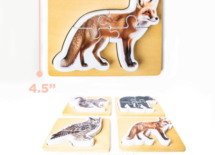 Wooden Montessori Animal Puzzles for Toddlers 2+ Years | Realistic Chunky Woodland Animal Shape Puzzle | Educational Learning Toy - Four-Piece Woodland Creature Puzzles