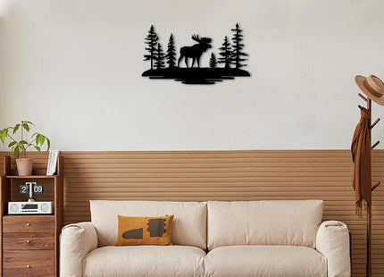 Moose Forest Landscape Metal Wall Art Metal Outdoor Decor Metal Signs Rustic Farmhouse Wall Art Decor Exquisite Home Decoration for Living Room Bedroom Cabin Lodge (Black,32inch)