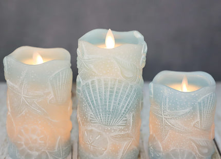 Silverstro Ocean Flameless Candles with Remote Carved Seashell Real Wax Flicker Battery Operated Candles for Home Party Wedding Nautical Summer Christmas Decor - Set of 3(Blue)