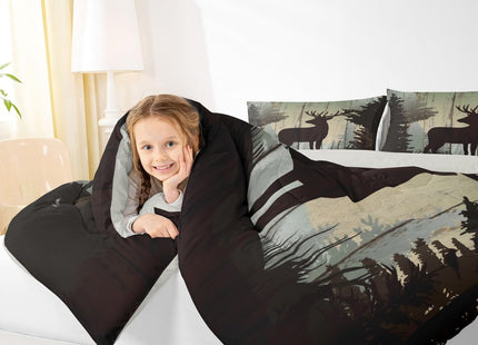 Castle Fairy Deer Hunting Comforter Set King Size,Rustic Farmhouse Wooden Bedding Set 3pcs for Kids Teens Adults Room Decor,Pine Botanical Animals Silhouette Quilted Duvet Retro Brown Bedspread