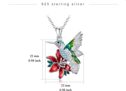 PEIMKO Hummingbird Necklace Enamel Hummingbird Pendant Necklace Sterling Silver Cute Aniamal Bird Necklace with Flower Bird Pendant for Women