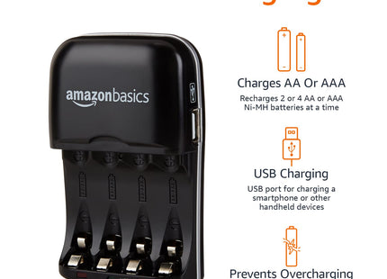 Amazon Basics Rechargeable Battery Charger for AA & AAA Ni-MH Batteries with USB Port, Portable, Travel-Friendly, Over-Charge Protection, Black