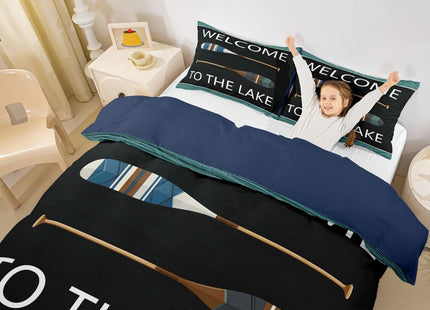 Lake Theme Duvet Cover Queen Size,Lake Paddles Comforter Cover with 2 Pillowcase for Teens Adults,Kids Rustic Wooden Barn Bedding Set,Navy and Green Breathable 3 Pcs Decorative Bed Cover(No Comforter)