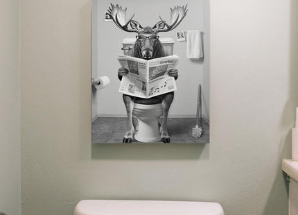 Funny Moose Sitting on Toilet Reading Newspaper Bathroom Wall Art, 8"x10"