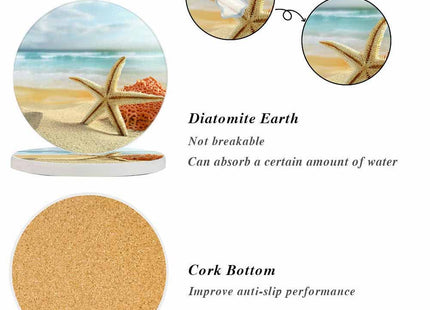 oFloral Beach Coasters for Drinks Starfish Coral Seaside Soft Sand Bright Cups Place Mats for Home Decor Set of 2, 4 Inch