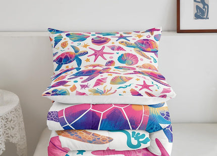 Erosebridal Sea Turtle Comforter Set Queen for Kids Girls Boys,Coastal Beach Theme Bedding Set Nautical Bedroom Decor,Pink Blue Sea Shell Starfish Comforter Set,Ocean Life Quilt Bed Set 3Pcs