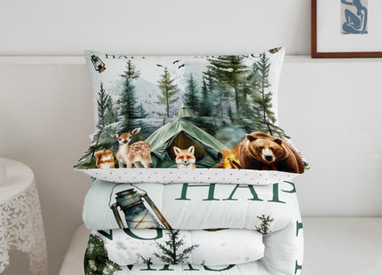 Erosebridal RV Camper Queen Comforter Set,Happy Camping Rustic Bedding Set for Kids Adults Bedroom Decor,Cabin Bear Deer Fox Bed Set Country Farmhouse Bed Comforter Sets,2 Pillowcases