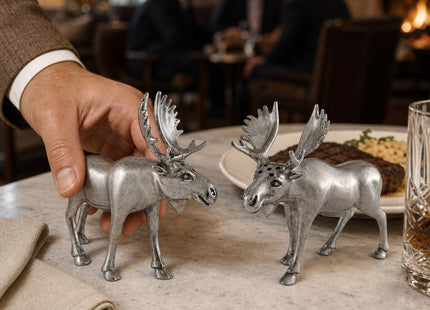 Vagabond House Moose Salt and Pepper Set - Rustic Pewter Shakers for Lodge Decor - 4.5 Inch Tall