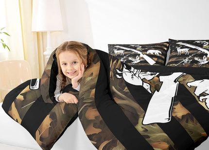 Hunting And Fishing Comforter Set Wildlife Fish Duck Deer Bear Twin Comforter For Boys Men,Camo American Flag Bedding Set Rustic Trees Leaves Camouflage Quilt Duvet Insert With 1 Pillow Case