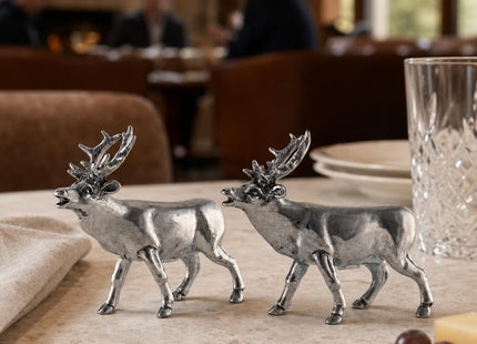 Vagabond House Pewter Deer/Elk Salt and Pepper Shakers Set Artisan Designer Handcrafted for Cabin Lodge Mountain Décor 4.5 inch Tall