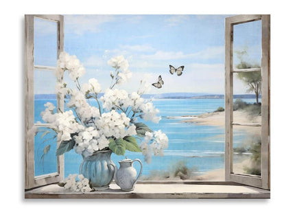 Lake House Pictures Wall Decor - Lakeside Outside Rustic Window Canvas Art Print - White Flower Bouquet and Butterflies by the Lake Poster for Farmhouse Bathroom Bedroom Decoration Frame 12"X16"