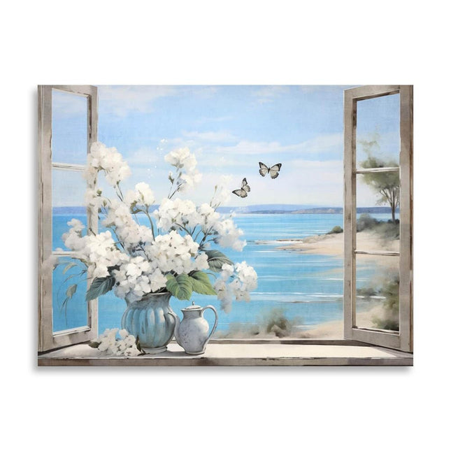 Lake House Pictures Wall Decor - Lakeside Outside Rustic Window Canvas Art Print - White Flower Bouquet and Butterflies by the Lake Poster for Farmhouse Bathroom Bedroom Decoration Frame 12"X16"