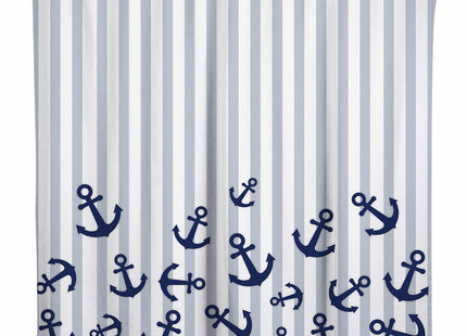 Sunlit Nautical Fabric Shower Curtain, Navy Blue Anchor with Gray Stripes Shower Curtains, Nautical Ocean Bathroom Decoration Curtains