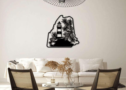 Maine Lighthouse and Pine Cones Metal Wall Art Metal Outdoor Decor Metal Signs Rustic Farmhouse Style Stunning Wall Decor Elegant Home Decoration for Living Room Bedroom (Black,16inch)