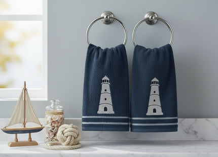 Coastal Guest Navy Fingertip Hand Bathroom Towels, White Lighthouse, 12x18"