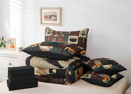 Erosebridal Bohemian Deer 7 Piece Bedding Sets Queen Bear Wildlife Hunting Theme Comforter Set Cabin Decor Buffalo Plaid Grid Bed in a Bag for Teens Retro Boho Xmas Pine Tree Sheets Geometric Quilt