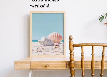 Boat Wades Beach Seashell Starfish Unframed Wall Art Prints,Coastal Posters & Prints For Living Room Home Decor,Blue Ocean Theme Posters Pictures 8x10 Set Of 4