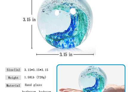 JUYOULE Hand Blown Ocean Wave Glass Paperweight - Blue Sea Glass Art for Beach Home Decor, Unique Gift for Ocean Lovers, Coastal Office Desk & Bathroom Decorations