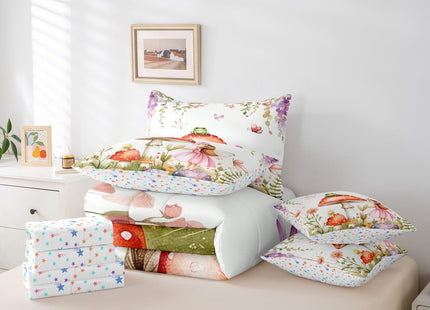 Erosebridal Fairy Garden Twin Bedding Set 7 Piece - Mushroom & Frog Comforter Set with Sheets for Kids Girls, Butterfly Floral Forest Themed Bed Set | Whimsical Fairies Fitted Sheet+Flat Sheet