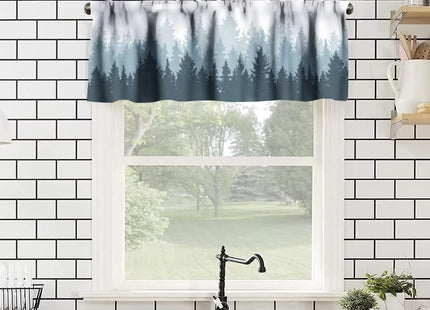 Foggy Forest Valance Curtain, Green Coniferous Tree Silhouette Mist Landscape Windows Curtain Valance for Kitchen Dining Room Canteens Home Decor, One Panel 54x18in