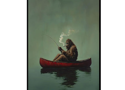 Sasquatch Canvas Wall Art Vintage Fishing Boat Wall Art Fun Bigfoot Painting In Red Canoe On Bigfoot Fishing Poster Canvas Living Room Bathroom Bedroom Print 16x24 Inch Unframed