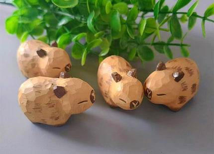 ShaoAngDuoMi Wooden Capybara Figurines, 2-Pack Hand-Carved Nordic Woodland Animal Statues for Desk & Home Decor, Rustic Wood Collectible Gift