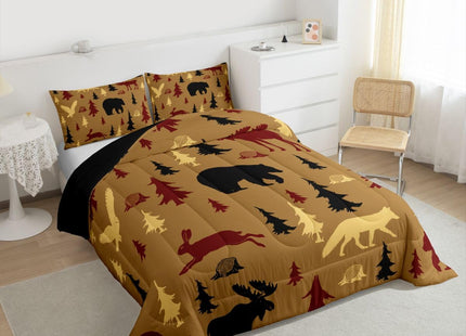 Feelyou Cabin Lodge Bedding Set Soft for Boys Girls, Bear Fox Moose Comforter Set Toddler Size Woodland Wild Animal Duvet Quilt Microfiber Farmhouse Bedroom Decor Brown 2 Pcs with 1 Pillow Cases